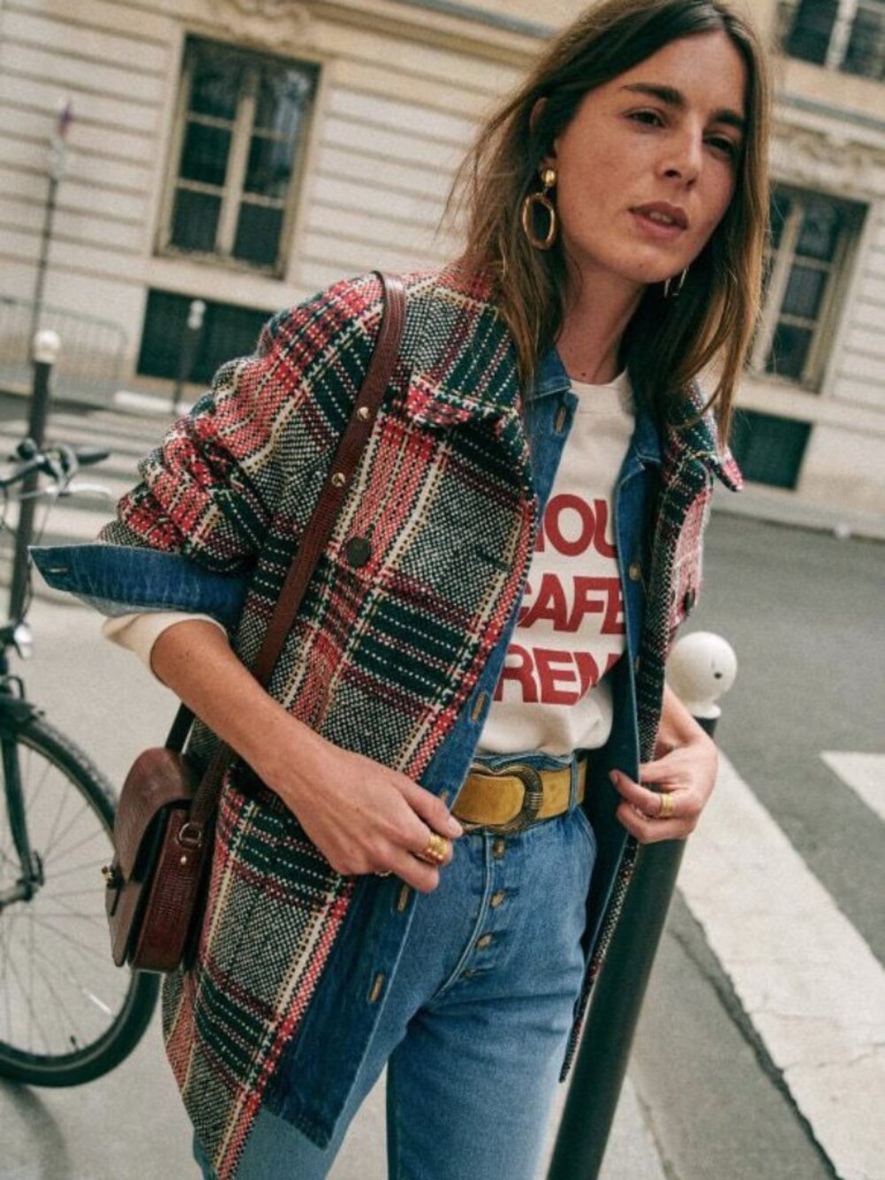 New Sezane Izaac Wool Blend Plaid Tweed Shacket Coat Red Multi 34, 2
